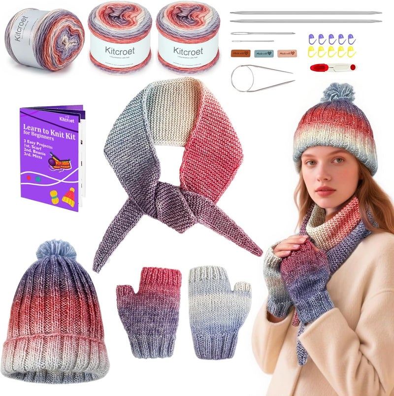 Kitcroet Knitting Kit for Beginners, Complete Beginner Knitting Kit including Knitting Needles Set, Soft Gradiant Cake Yarn, Learn to Knit Scarf, Beanie, Mittens with Step by Step Video Tutorials, New - Image 1